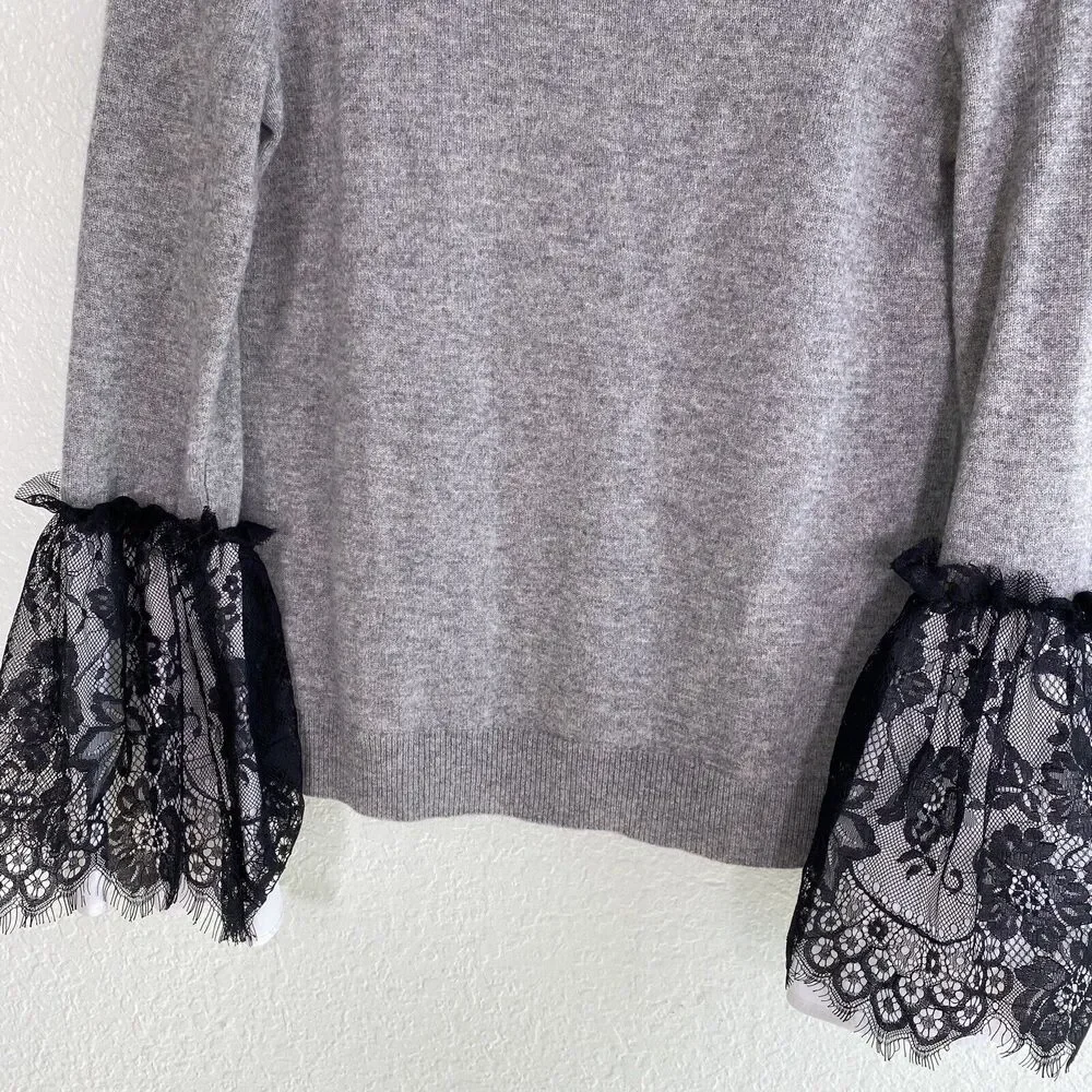 Marled Cashmere Sweater Womens Extra Small Lace Flare Cuff Gray Pullover Cozy - Picture 5 of 12